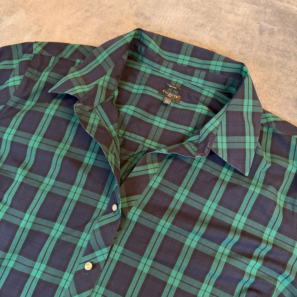 Talbots Non Iron Tunic Womens 24W Green Blackwatch Plaid Cotton Spandex